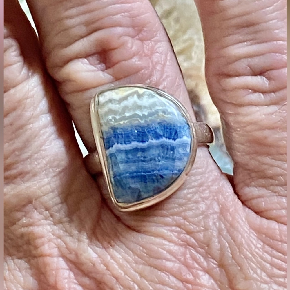 Blue Scheelite Gemstone D shaped, Sterling Silver ring, .925 Solid Sterling.